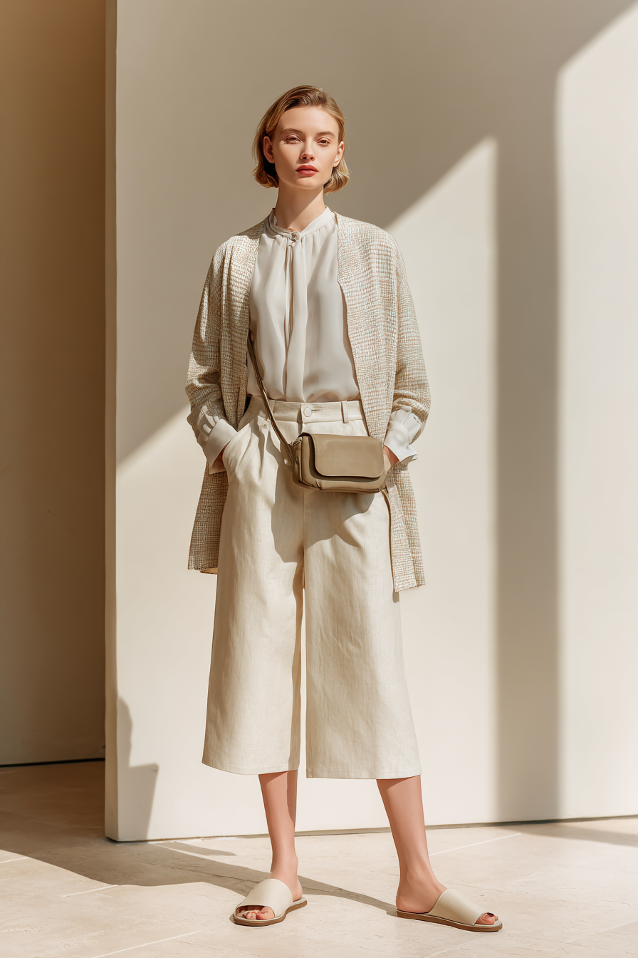 A chic woman in tailored sandy linen culottes, styled with an elegant light gray flowy blouse tucked in and soft beige slides. She layers a minimalistic beige cardigan and sports a fashionable crossbody bag, with professional studio light casting a warm glow against a clean cream wall background.