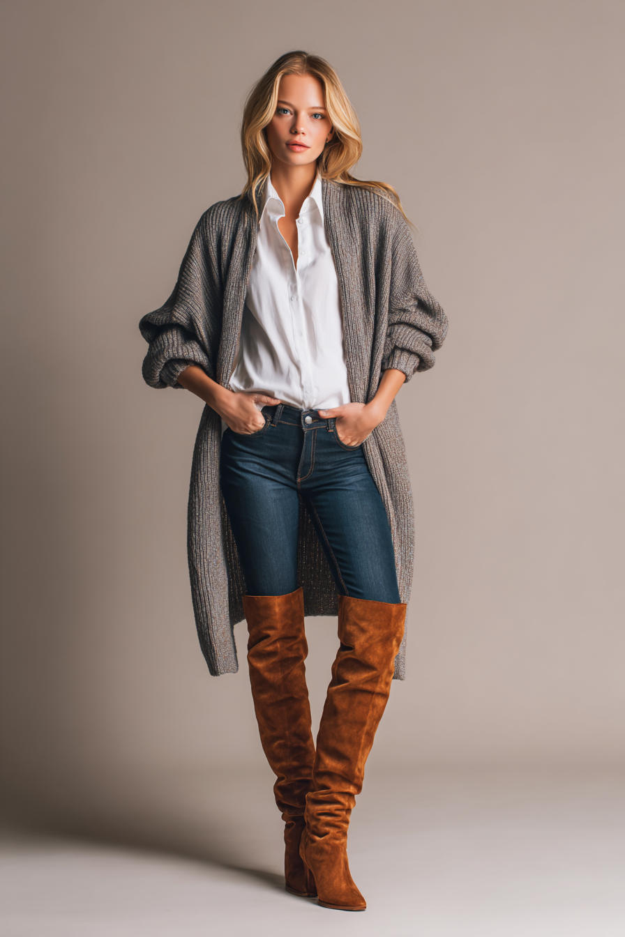 A full-body image of a woman wearing tailored dark blue jeans tucked into rich tan knee high boots, a structured white blouse layered under a soft grey oversized cardigan. She poses elegantly in a well-lit studio setting with a neutral backdrop, showcasing this stylish and cozy fall outfit in a sophisticated color harmony --ar 2:3 --v 7 --style raw