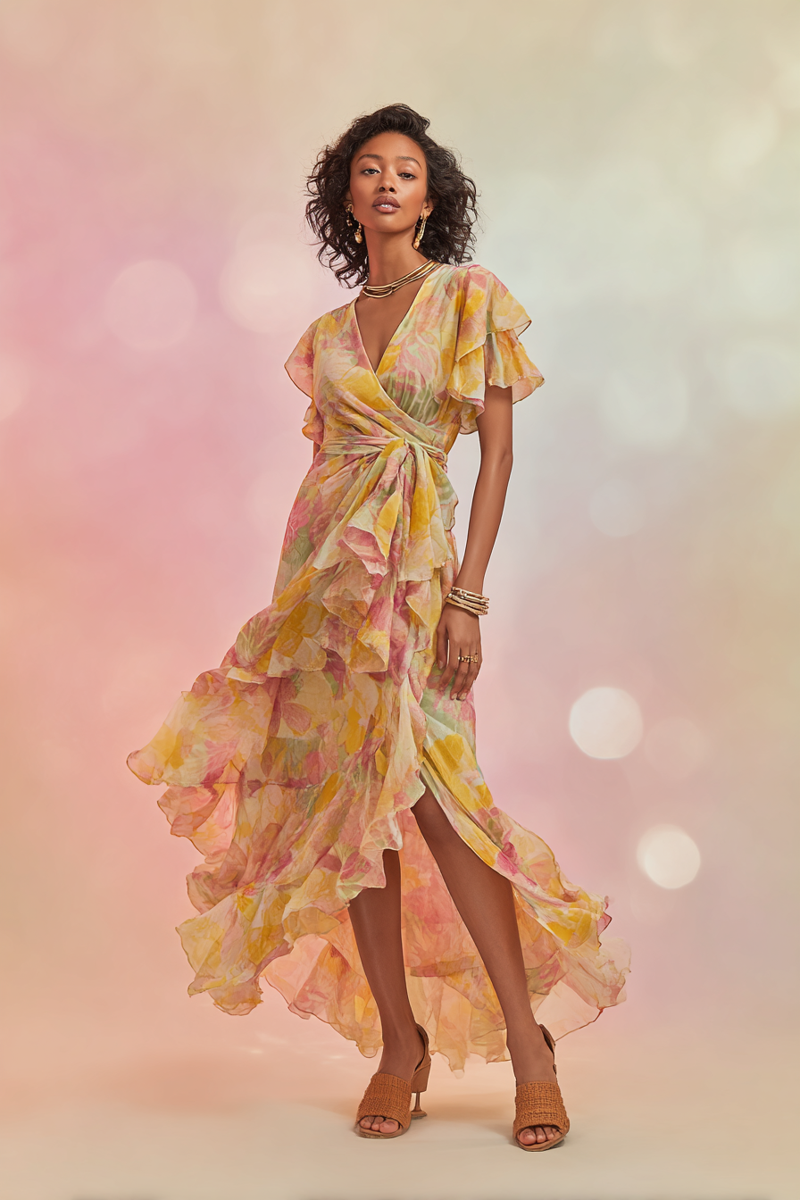 An elegant figure posing against a soft bokeh background, featuring her in a vibrant floral wrap dress with soft ruffles and a cinched waist. The dress showcases shades of yellow, pink, and green, harmonizing beautifully. Her accessories include a delicate bracelet and tan sandals, evoking a refreshing spring vibe. --ar 2:3 --v 7 --style raw
