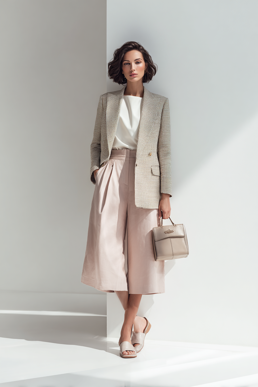 A chic woman wearing a tailored, structured blazer over a simple white fitted blouse and soft pastel culottes, paired with stylish mules. Her look is enhanced by minimalistic accessories and a structured handbag. Captured in soft studio light, the composition features a clean white backdrop, showcasing a timeless and sophisticated summer ensemble --ar 2:3 --v 7 --style raw