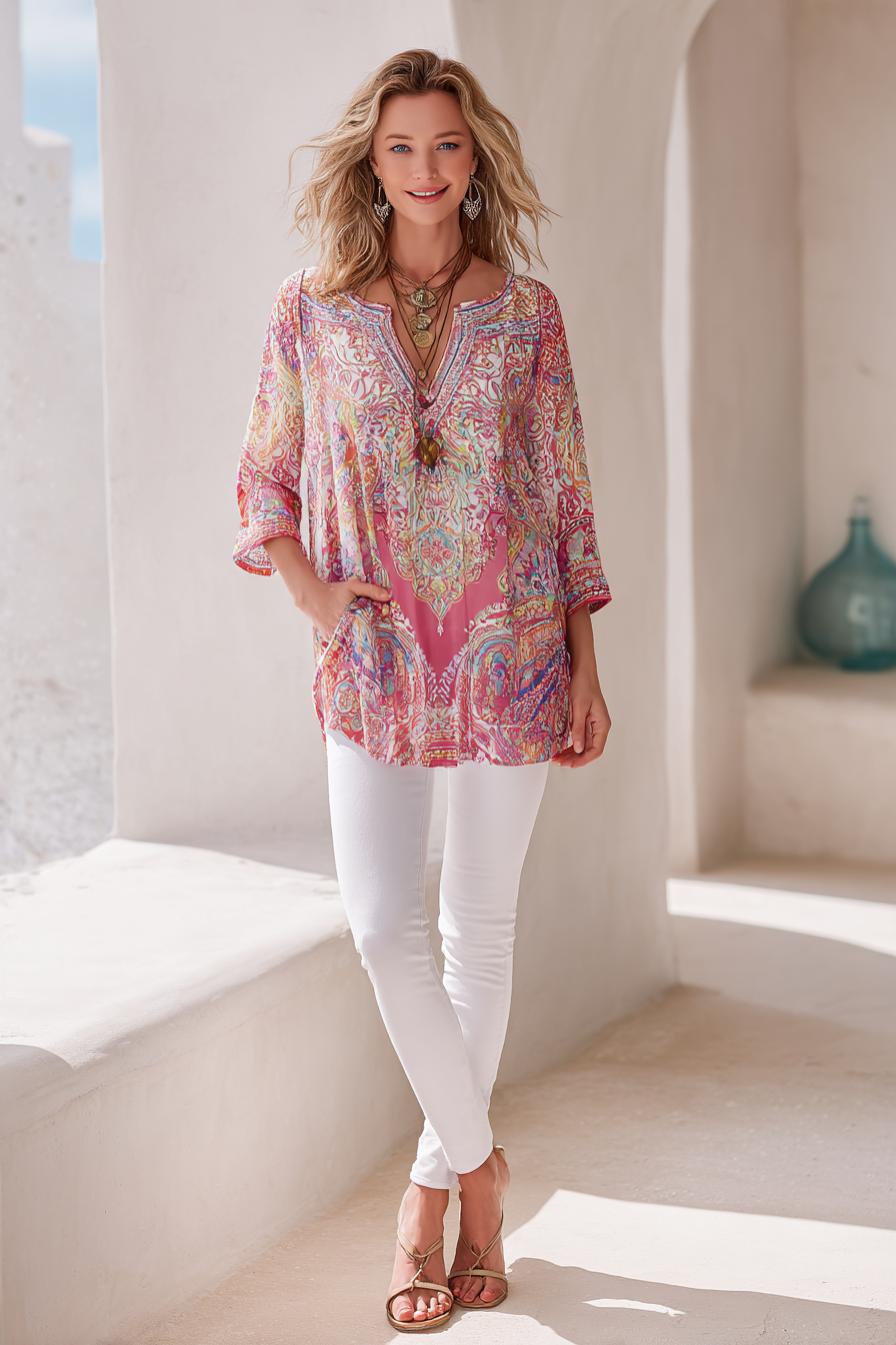 A vibrant boho-inspired outfit featuring a loose, patterned tunic paired with fitted white jeans and mules. Layered delicate necklaces complete the look, as the model poses in a bright, airy space filled with soft natural light, embodying summer joy and sophistication. --ar 2:3 --v 7 --style raw