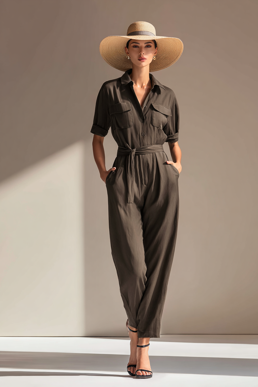 A full-body image of a woman dressed in a tailored dark olive jumpsuit, accessorized with a wide-brimmed beige hat and strappy black sandals. Positioned in a softly lit studio with a neutral backdrop, her posture conveys confidence and sophistication, embodying the essence of elevated summer fashion. --ar 2:3 --v 7 --style raw