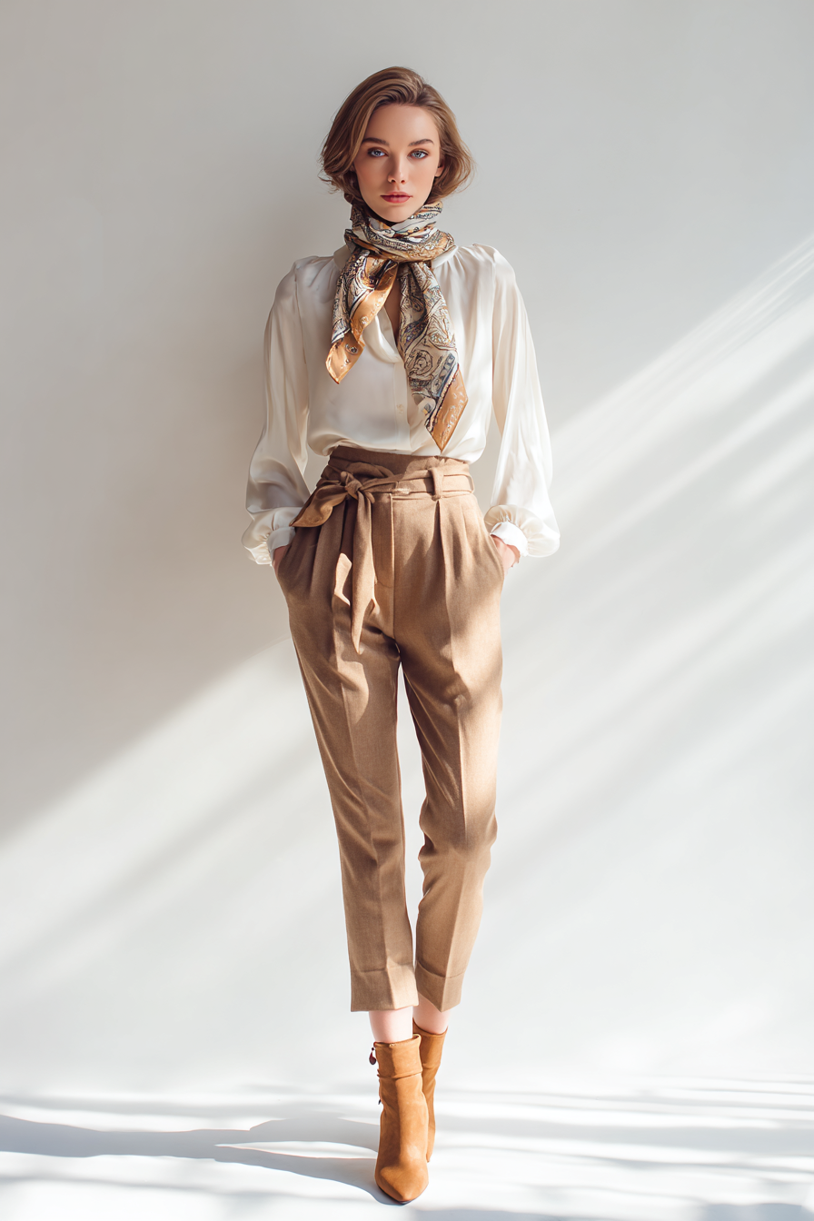 A stylish woman in an elegant ivory blouse tucked into fitted, high-waisted camel trousers, complemented by a pair of tan ankle boots. She adds a pop of color with a lightweight patterned scarf. The clean background and soft natural light create an effortlessly graceful scene, perfect for inspiration --ar 2:3 --v 7 --style raw