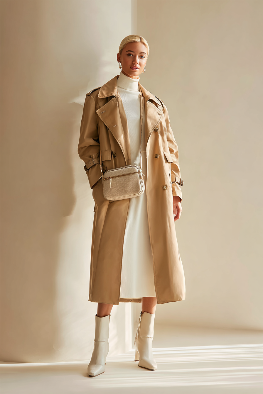 A full body capture of a woman in a timeless camel trench coat layered over a plain ivory fitted dress, styled with sleek ankle boots and a subtle crossbody bag. The backdrop is a soft cream wall, allowing the sophisticated color palette to shine with soft natural light accentuating the look.