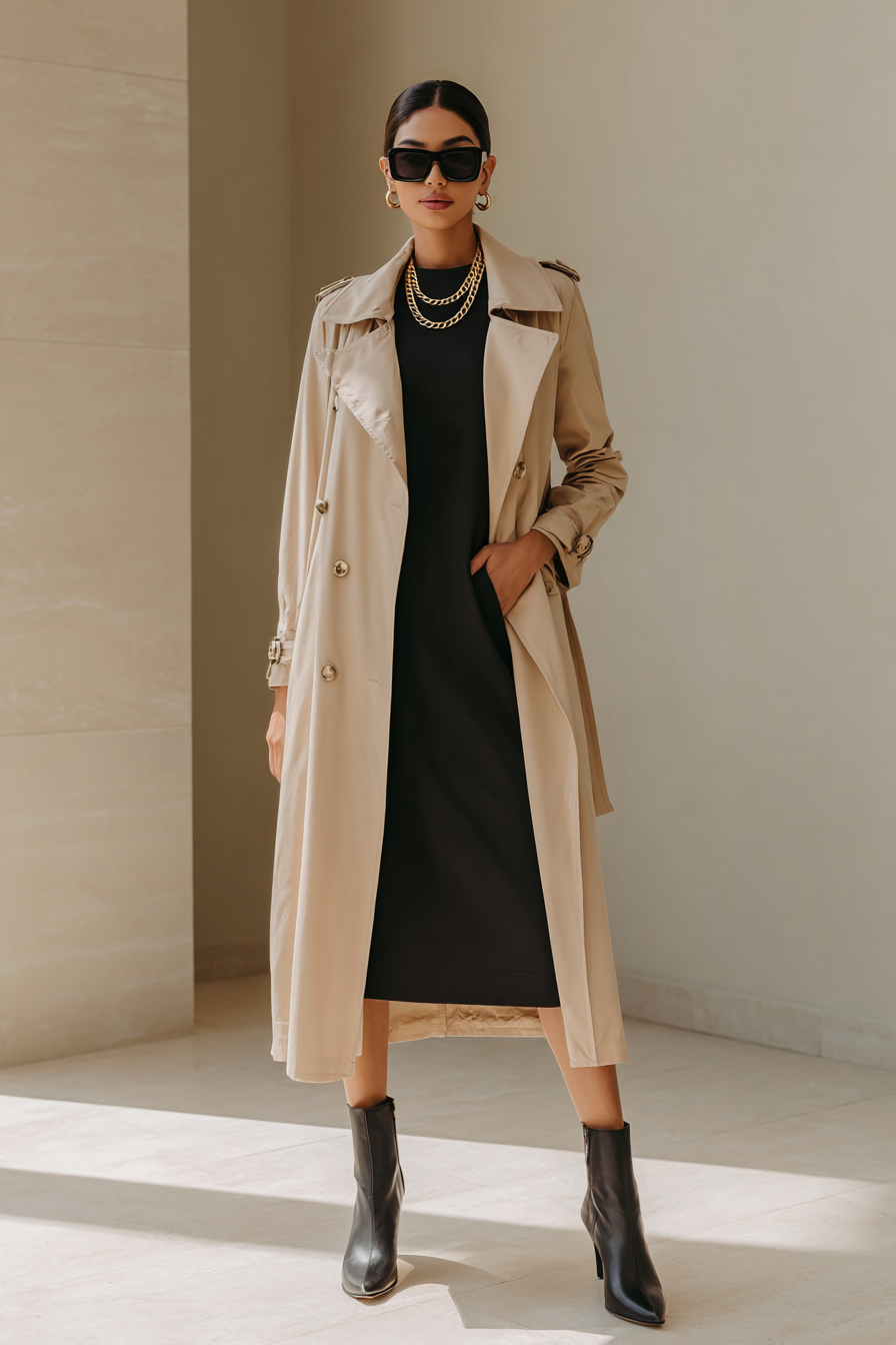 A stylish model wearing an elegant beige trench coat over a classic black midi dress, emphasized by chic ankle boots. She's accessorized with oversized sunglasses and a delicate gold necklace, standing gracefully against a neutral backdrop with soft natural light. The outfit showcases timeless fashion that combines both luxury and practicality. --ar 2:3 --v 7 --style raw