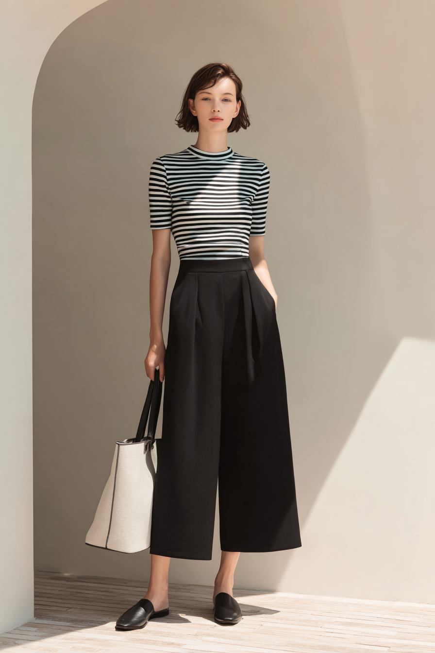 Envision a model outfitted in a fitted striped t-shirt tucked into high-waisted black culottes. She wears elegant mules and carries a structured tote bag for a polished touch. The image is filled with soft natural light and features a minimalist backdrop, perfect for showcasing this timeless ensemble --ar 2:3 --v 7 --style raw
