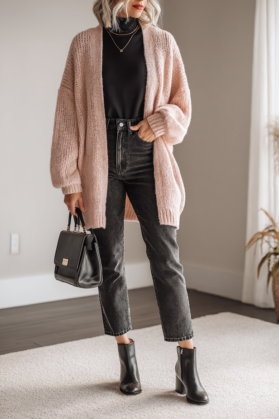 A fashion-forward outfit showcasing a soft pink oversized knit cardigan layered over a fitted black turtleneck and high-waisted dark wash jeans. She finishes the look with black ankle boots and a structured handbag, exuding a cozy elegance in a minimal setting with gentle lighting.