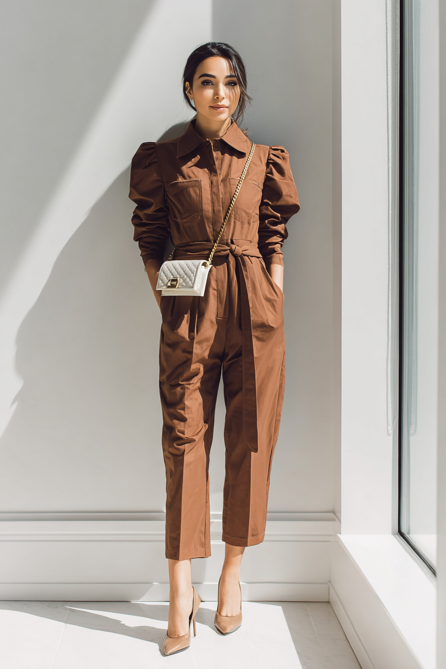 A tall woman exuding sophistication in a structured tailored jumpsuit, featuring a cinched waist and elegant sleeves. She completes the look with sleek pumps and a stylish crossbody bag, all captured in natural window light against a minimalistic backdrop. --ar 2:3 --v 7 --style raw