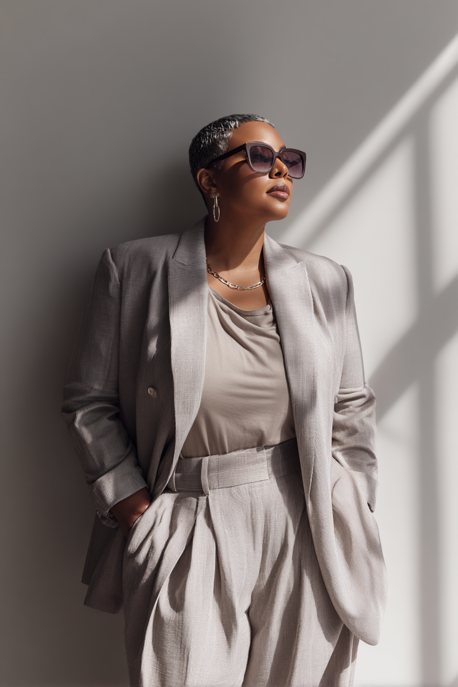 A plus size woman exuding elegance in a smooth, light gray two-piece suit with a structured top and tailored trousers. She accessorizes with oversized sunglasses and minimalist jewelry, standing in a clean, bright space with soft shadows accentuating her poised posture --ar 2:3 --v 7 --style raw