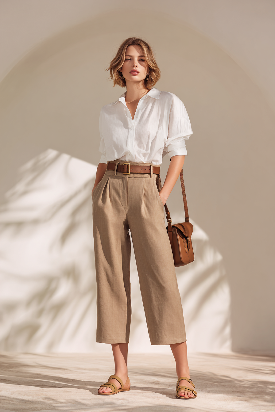 An aspirational full-body model styled in a structured white shirt tucked into high-waisted taupe culottes, finished with elegant beige sandals and a simple leather crossbody bag. The setting features a soft-focused background that emphasizes the model, enriched by natural light for a fresh look. This outfit radiates effortless chicness with a sophisticated color scheme. --ar 2:3 --v 7 --style raw